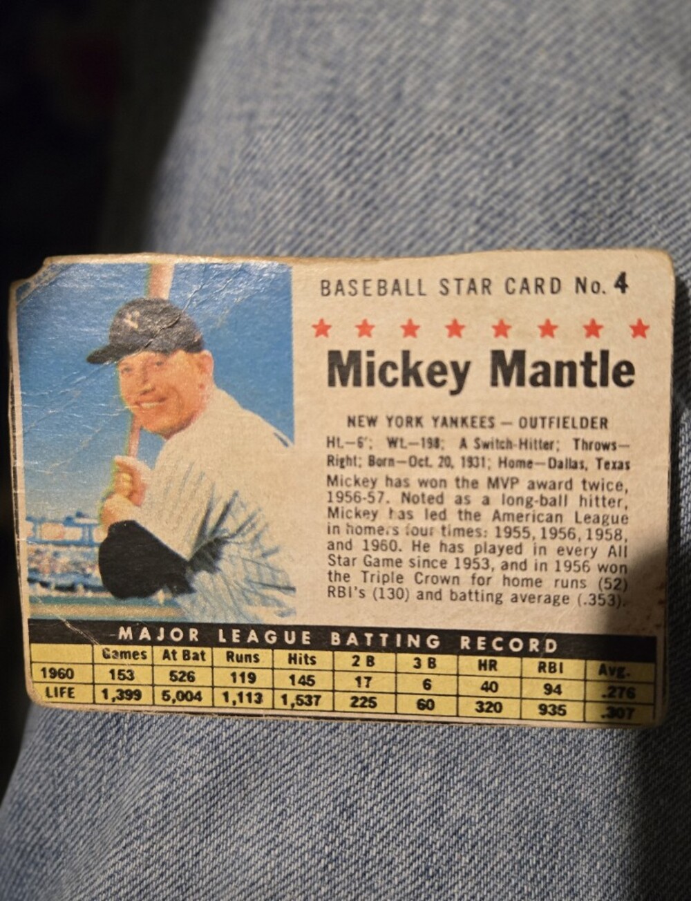 1961 Post Cereal Baseball Card Mickey Mantle Yankees